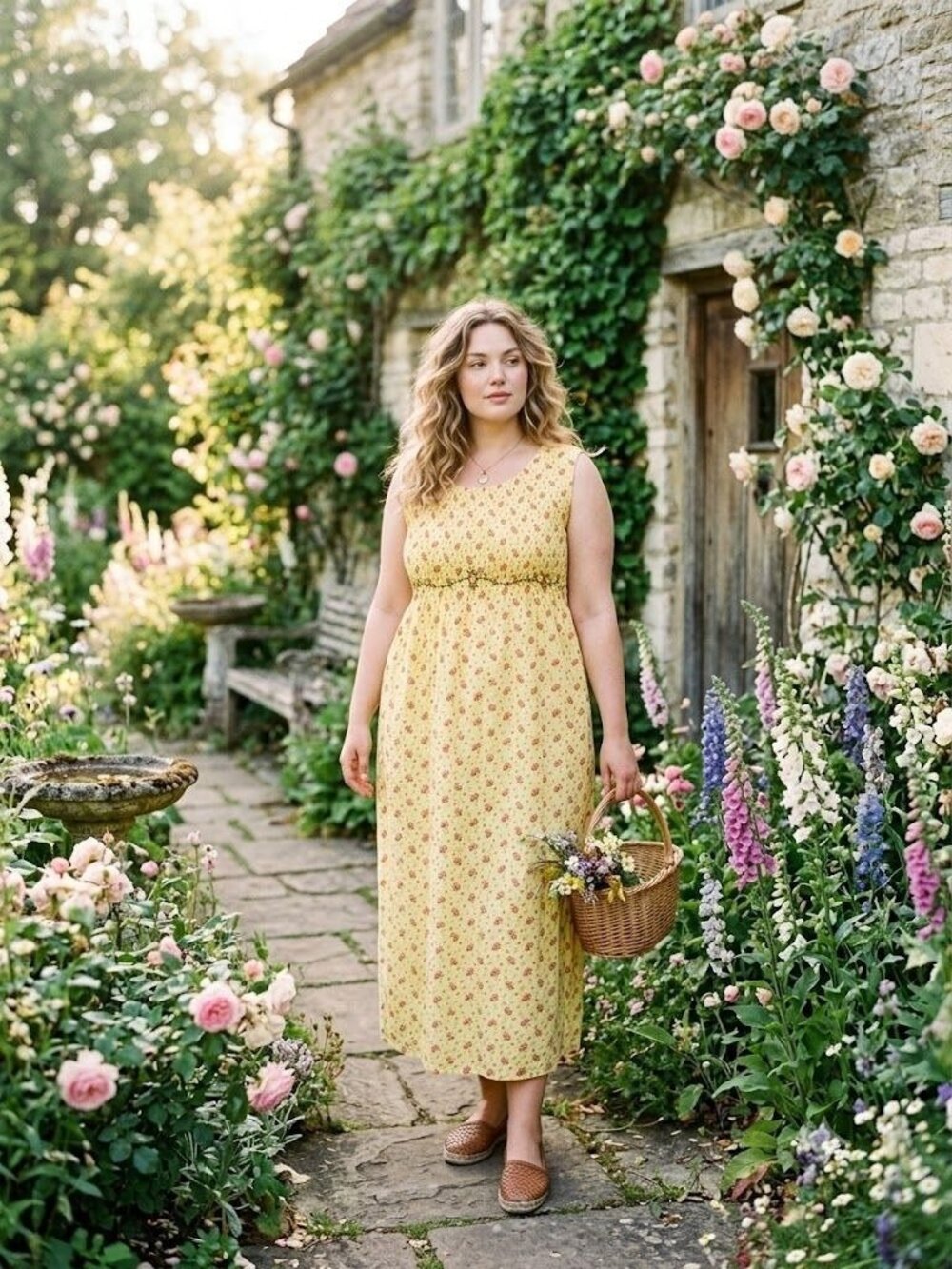 Vintage 90s Smocked Cottagecore Prairie Yellow Ditsy Floral Midi Dress Size 2X